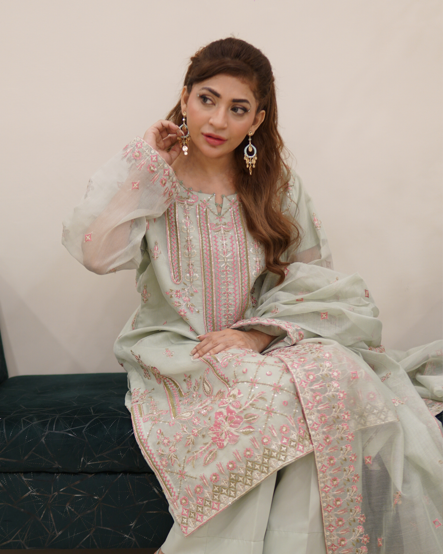 3PC Embroidered on Khadi Net|RC 25-034