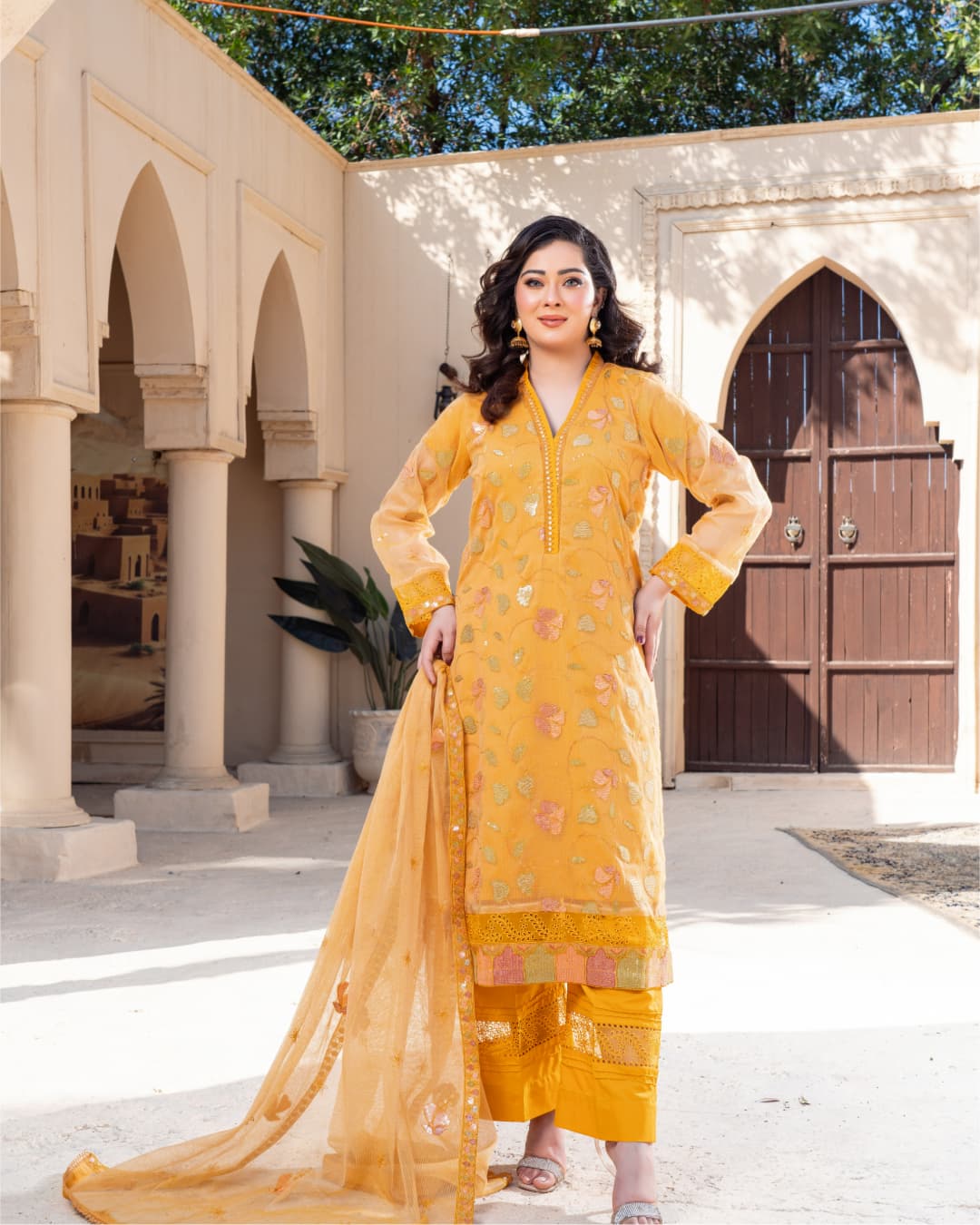 3 Piece Embroidered on Khadi Net suits|RC 24-09
