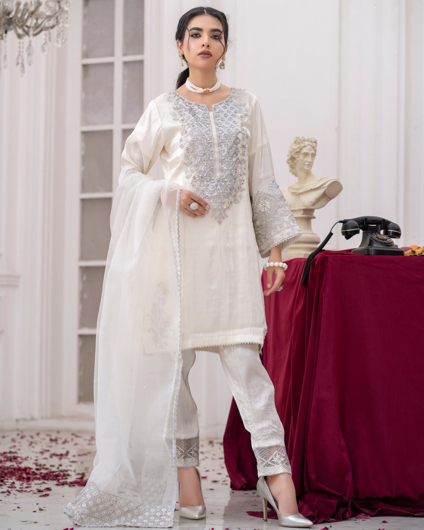 3 Piece Sheesha Silk Dress with Cutdana Embroidery & Cut Work Daman |RC 24-34