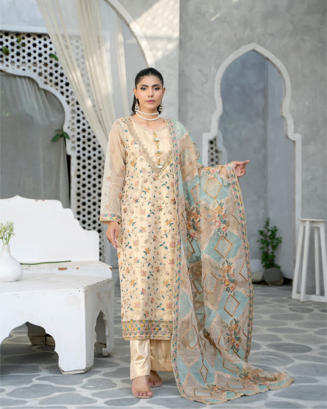 3 Piece Embroidered on Khadi Net suits |RC 24-12