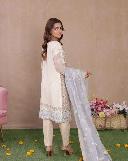 3 Piece Soft Khadi Net Fully Embroidered Suit with Handwork Embellishment  |RC 24-47