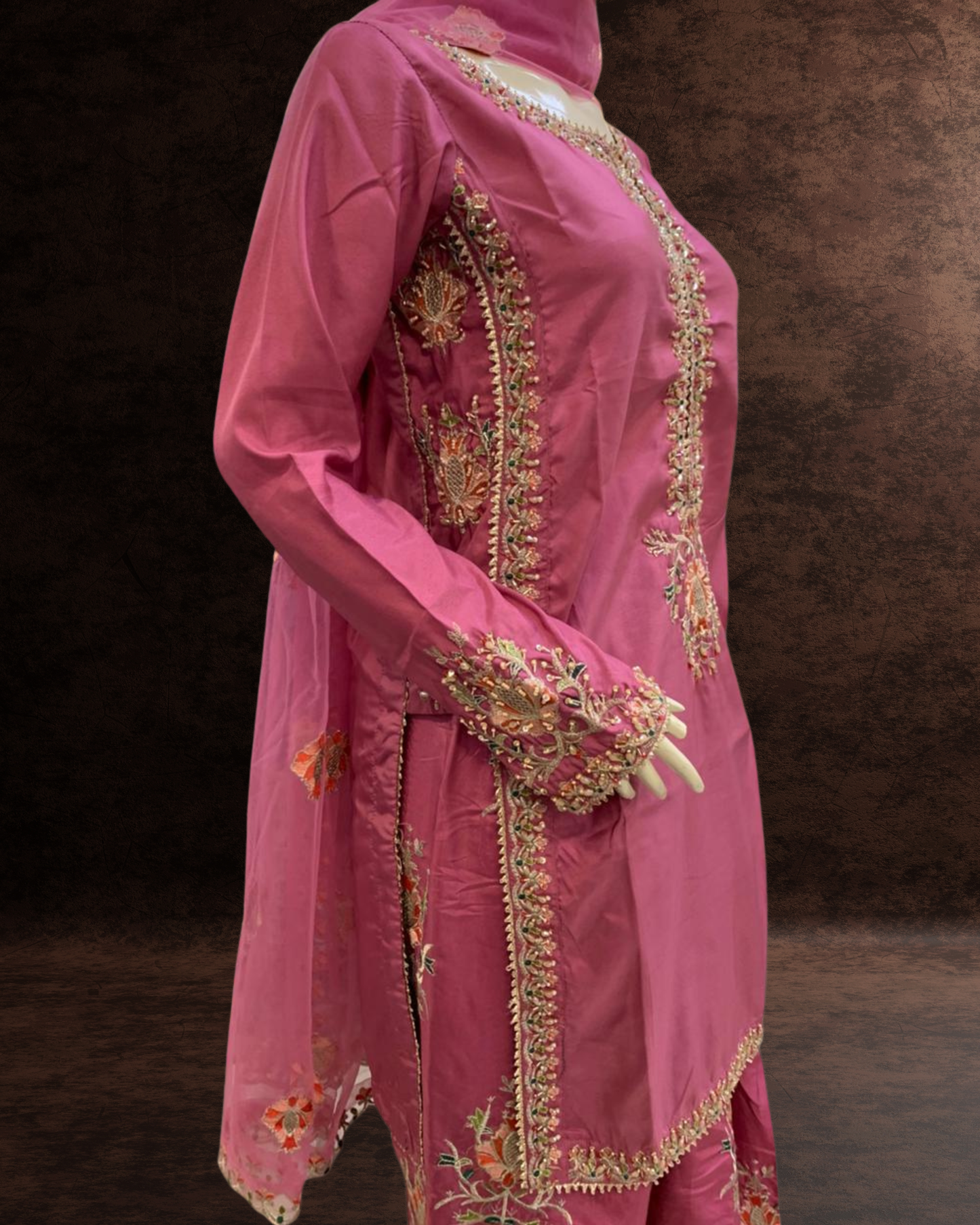 3 Piece Embroidered Farshi Shalwar Suit with Handwork Embellished Shirt & Net Dupatta |RC 24-54