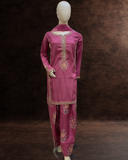 3 Piece Embroidered Farshi Shalwar Suit with Handwork Embellished Shirt & Net Dupatta |RC 24-54