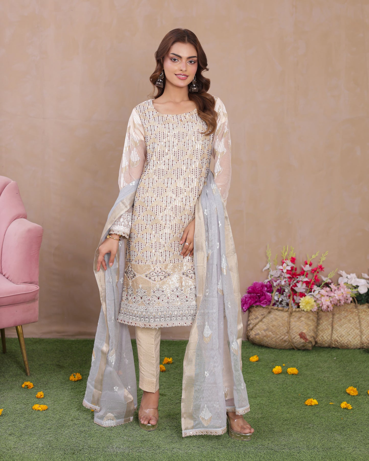 3 Piece Soft Khadi Net Fully Embroidered Suit with Handwork Embellishment  |RC 24-47