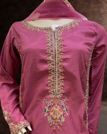 3 Piece Embroidered Farshi Shalwar Suit with Handwork Embellished Shirt & Net Dupatta |RC 24-54