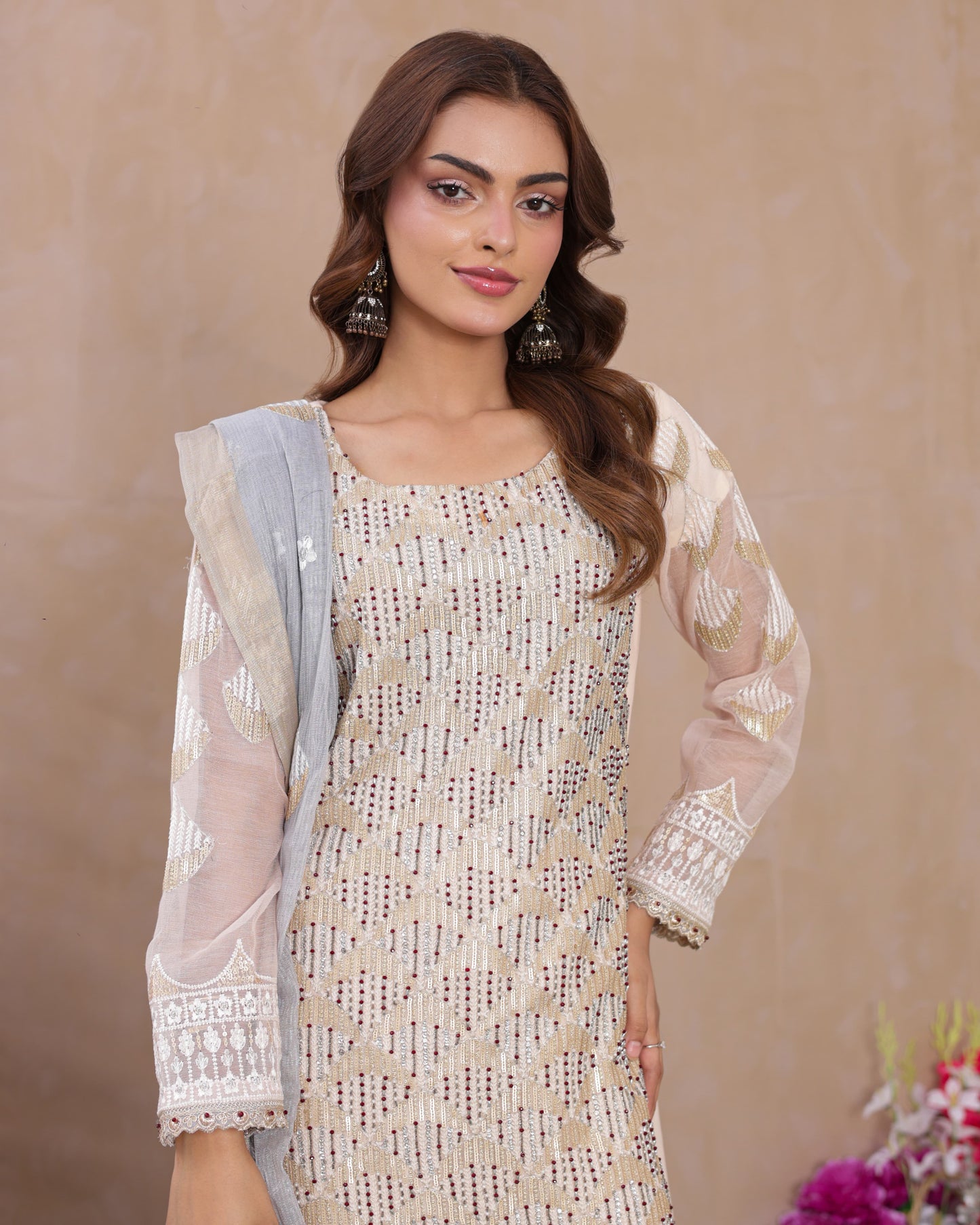 3 Piece Soft Khadi Net Fully Embroidered Suit with Handwork Embellishment  |RC 24-47