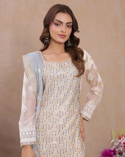 3 Piece Soft Khadi Net Fully Embroidered Suit with Handwork Embellishment  |RC 24-47