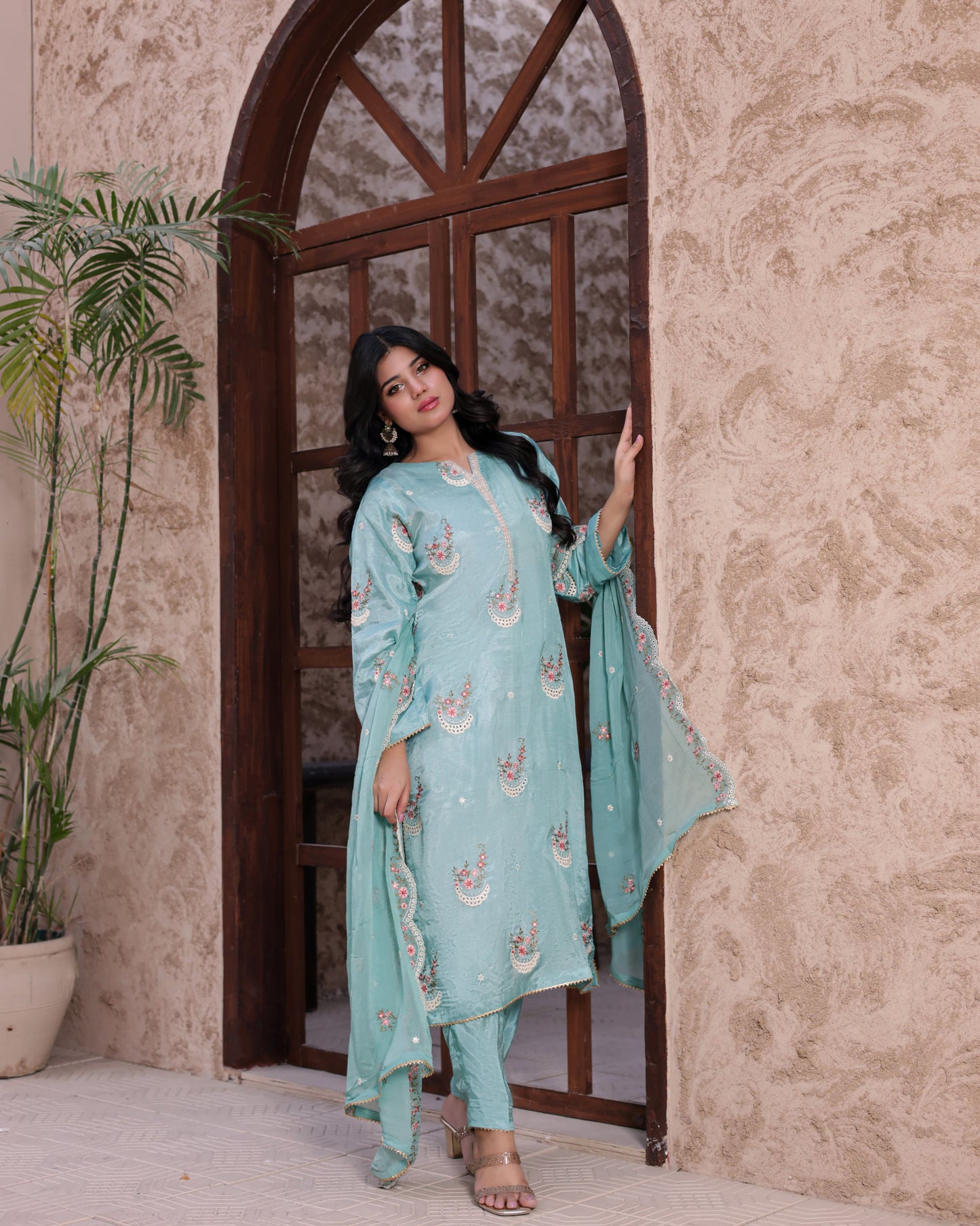 3 Piece  Sheesha Silk Dress with Cutdana Embroidery   |RC 24-43