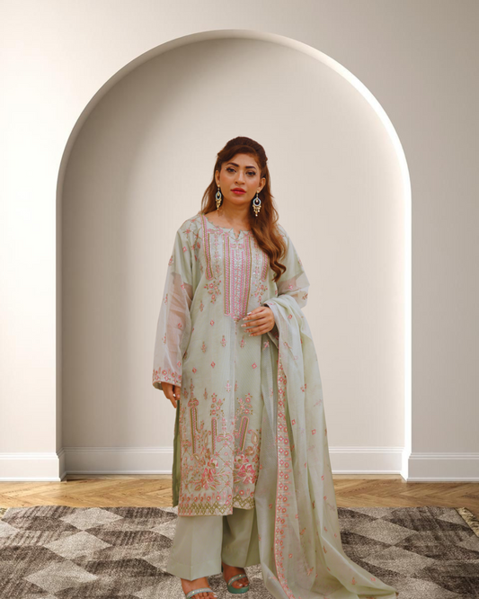 3PC Embroidered on Khadi Net|RC 25-034