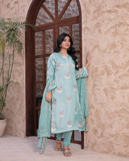 3 Piece  Sheesha Silk Dress with Cutdana Embroidery   |RC 24-43