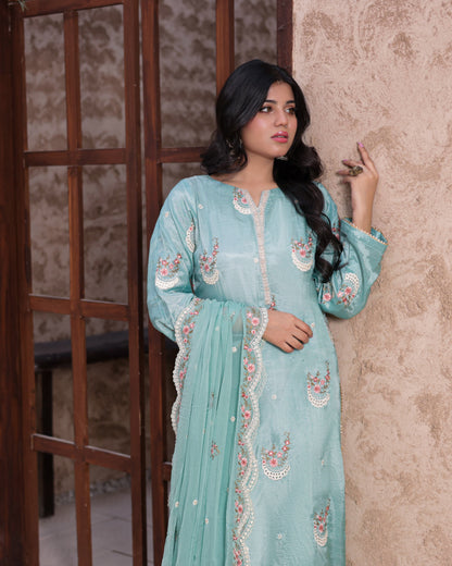 3 Piece  Sheesha Silk Dress with Cutdana Embroidery   |RC 24-43