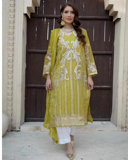 3PC Embroidered on Khadi Net|RC 25-033