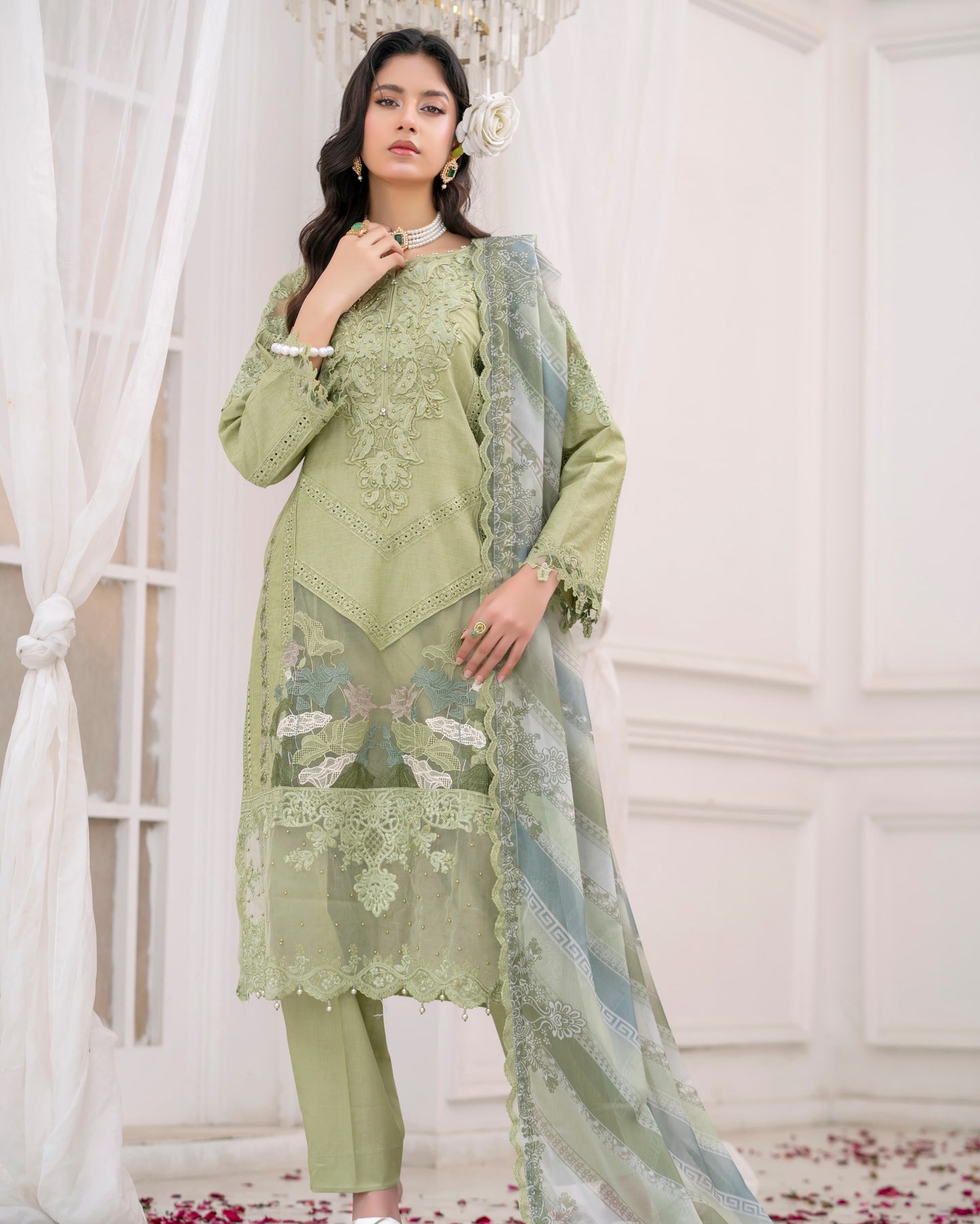 3 Piece Lawn Cotton Embroidered Dress with Pulse Work & Crepe |RC 24-35