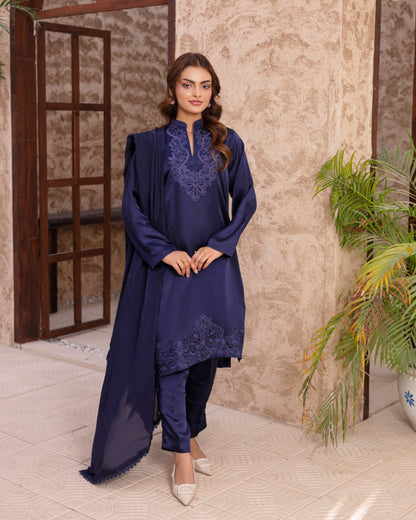 3 Piece Shamose Silk Suit with Cutwork Embroidery on Neck & Border – Crepe Silk Dupatta  |RC 24-46