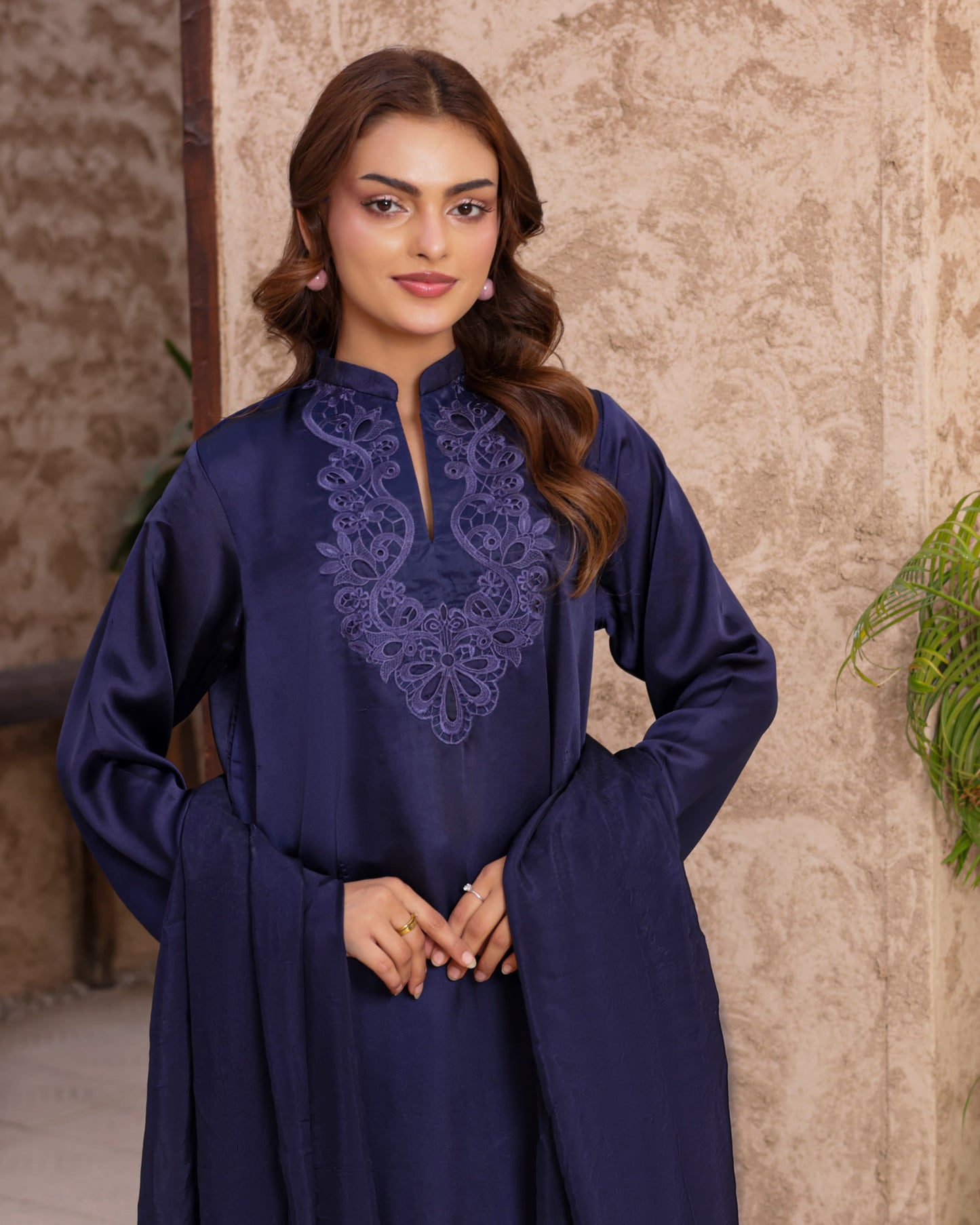 3 Piece Shamose Silk Suit with Cutwork Embroidery on Neck & Border – Crepe Silk Dupatta  |RC 24-46