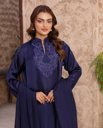 3 Piece Shamose Silk Suit with Cutwork Embroidery on Neck & Border – Crepe Silk Dupatta  |RC 24-46