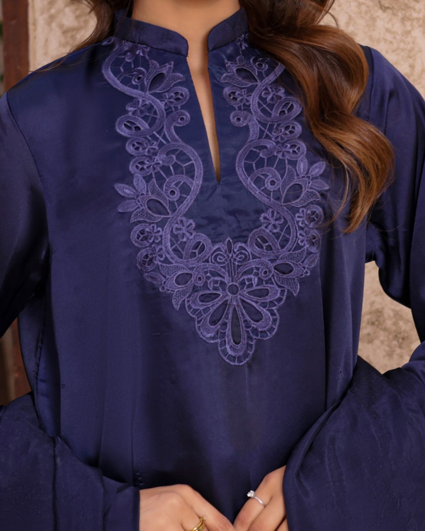 3 Piece Shamose Silk Suit with Cutwork Embroidery on Neck & Border – Crepe Silk Dupatta  |RC 24-46