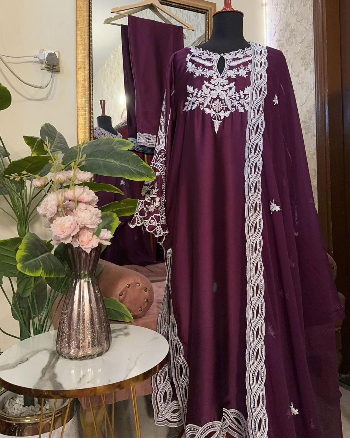 3 Piece Luxury Russian Silk  Embroidered Neck, Sleeves & Cutwork Border with Dupatta  |RC 24-40