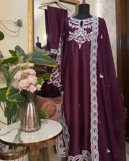 3 Piece Luxury Russian Silk  Embroidered Neck, Sleeves & Cutwork Border with Dupatta  |RC 24-40
