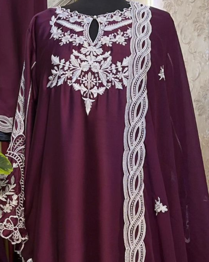 3 Piece Luxury Russian Silk  Embroidered Neck, Sleeves & Cutwork Border with Dupatta  |RC 24-40
