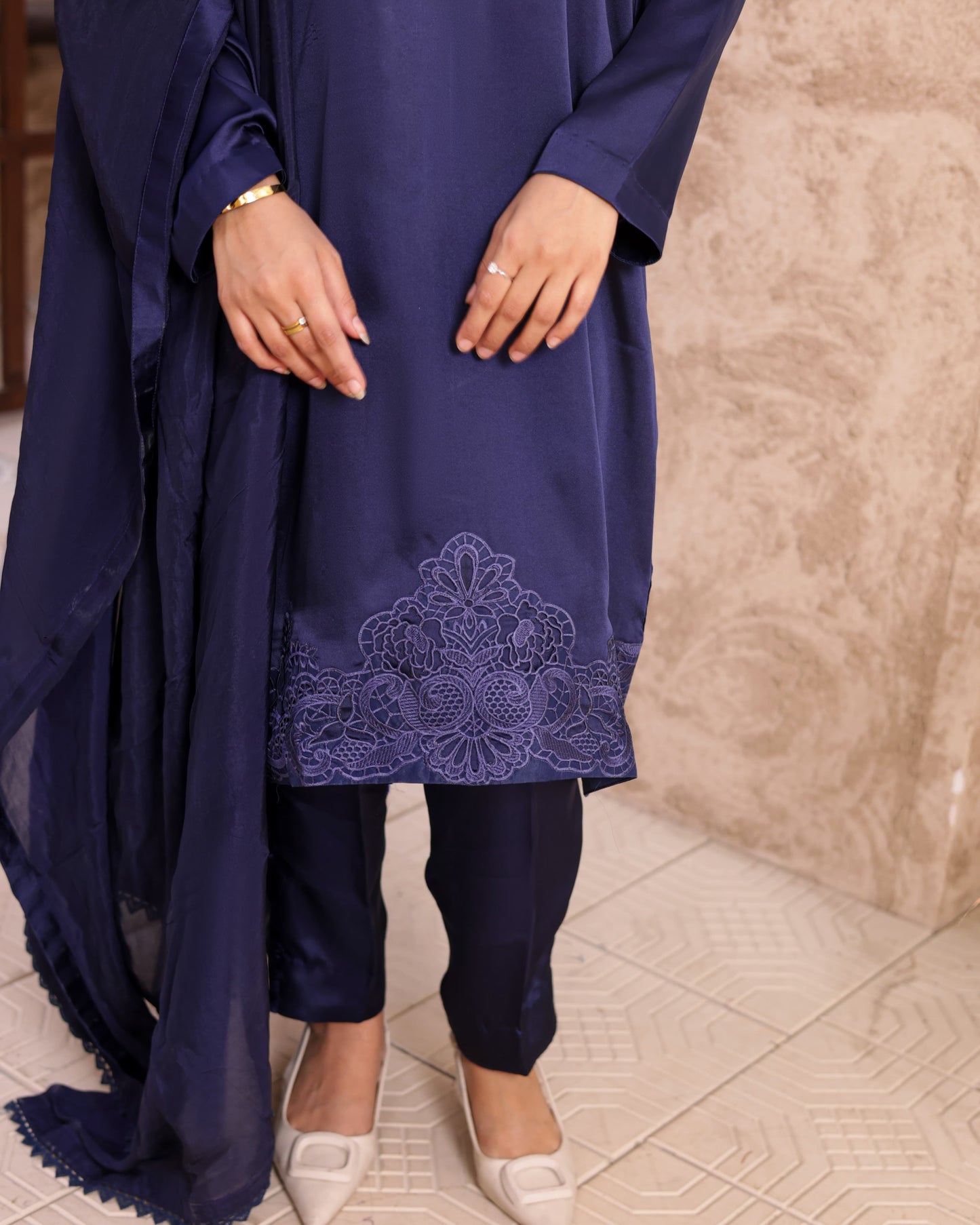 3 Piece Shamose Silk Suit with Cutwork Embroidery on Neck & Border – Crepe Silk Dupatta  |RC 24-46