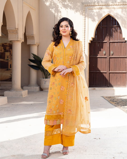 3 Piece Embroidered on Khadi Net suits|RC 24-09