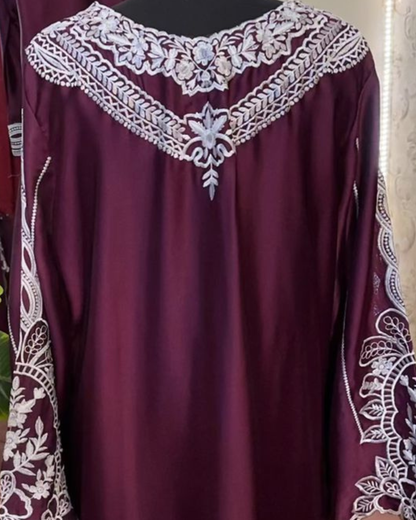 3 Piece Luxury Russian Silk  Embroidered Neck, Sleeves & Cutwork Border with Dupatta  |RC 24-40