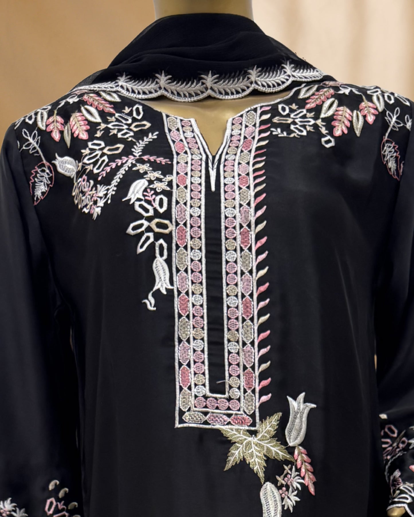 3 Piece Luxury Russian Silk  Embroidered Neck, Sleeves & Cutwork Border with Dupatta  |RC 24-41
