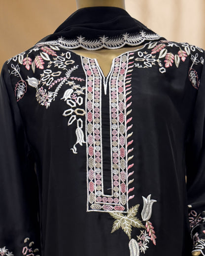 3 Piece Luxury Russian Silk  Embroidered Neck, Sleeves & Cutwork Border with Dupatta  |RC 24-41