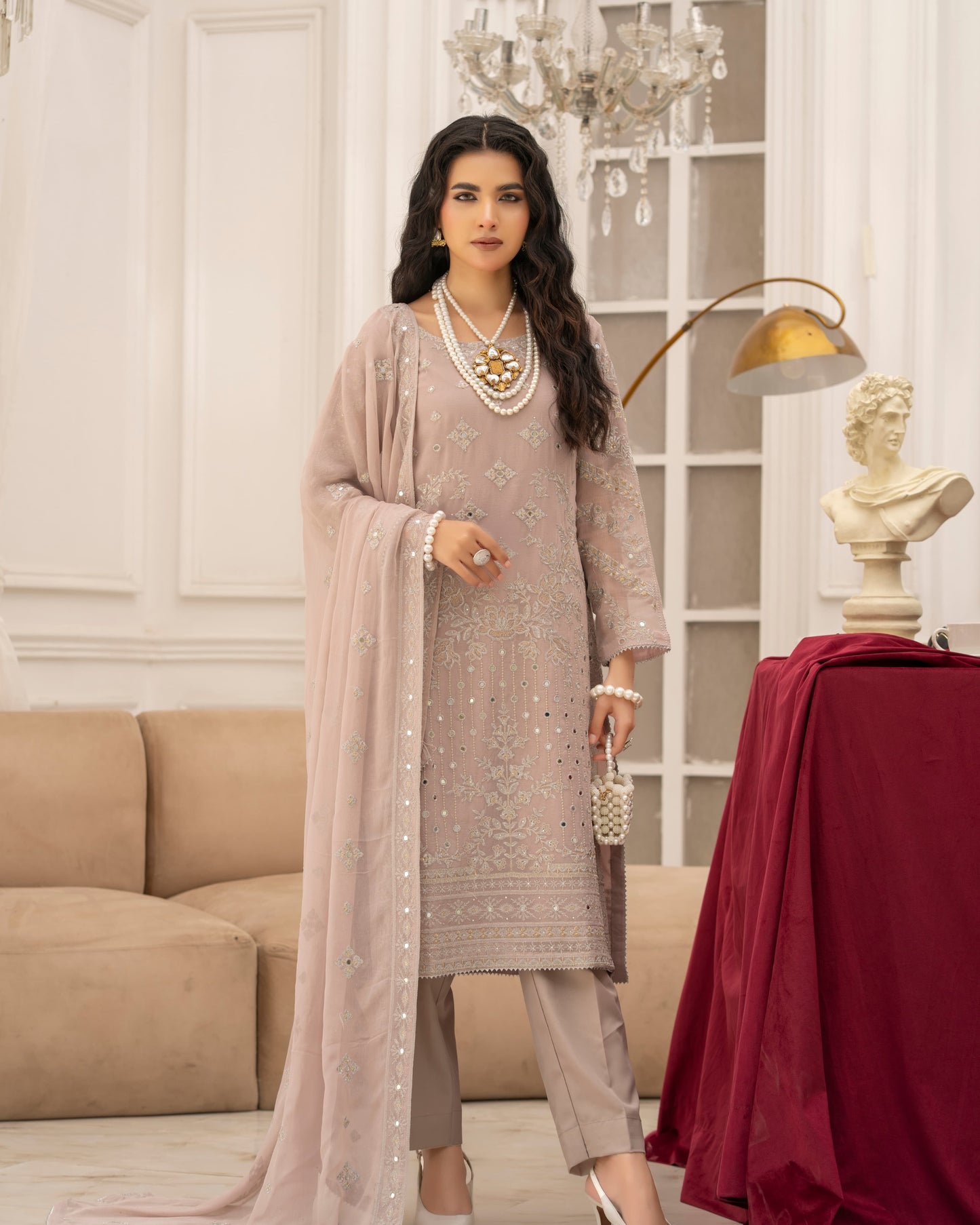 3 Piece Luxury Chiffon Shirt with Mirror Work & Embroidery – Designer  |RC 24-49