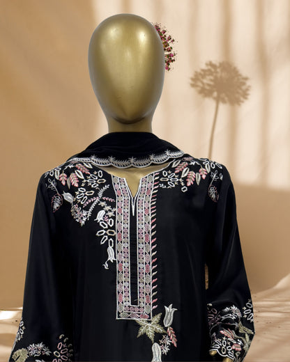 3 Piece Luxury Russian Silk  Embroidered Neck, Sleeves & Cutwork Border with Dupatta  |RC 24-41