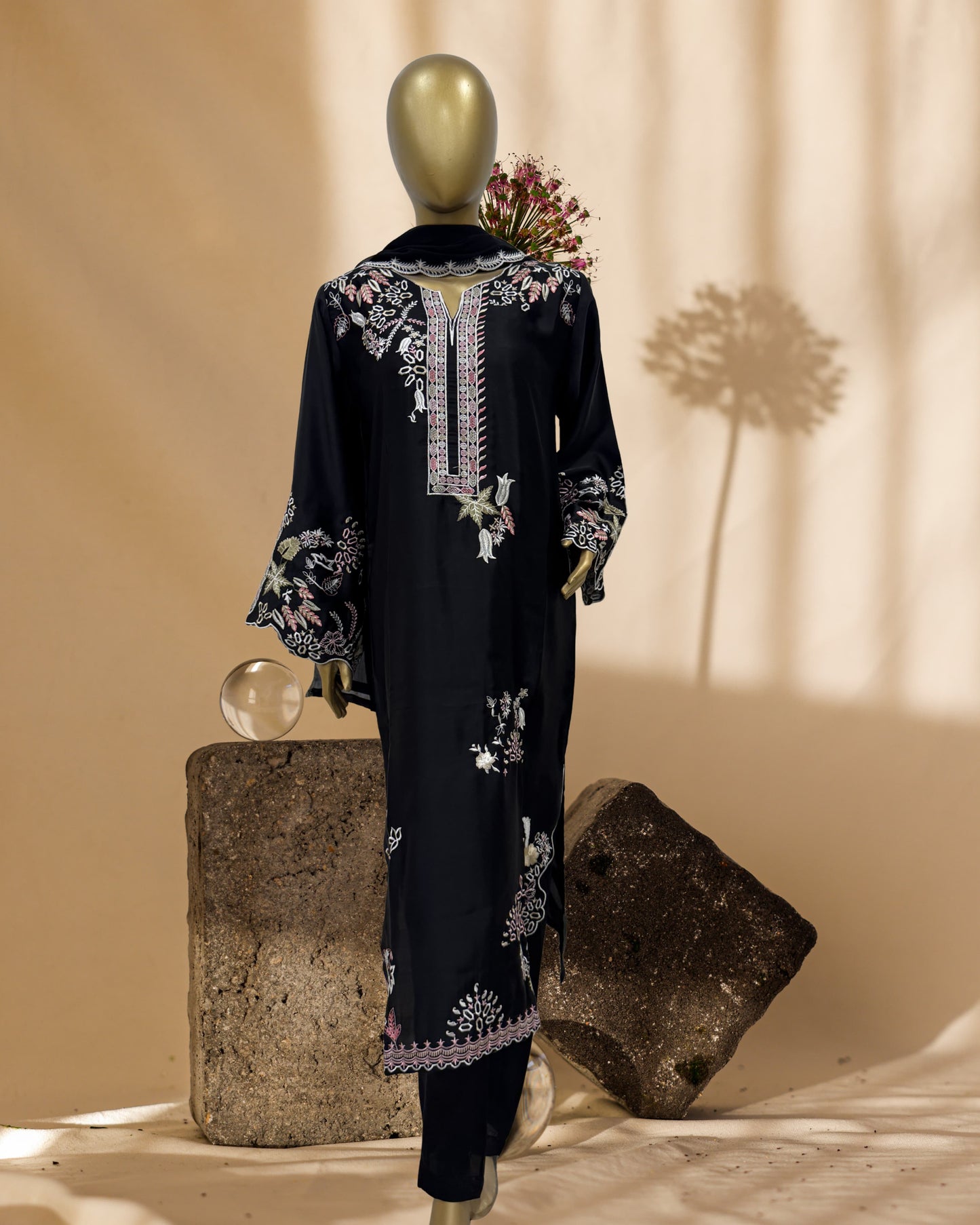 3 Piece Luxury Russian Silk  Embroidered Neck, Sleeves & Cutwork Border with Dupatta  |RC 24-41