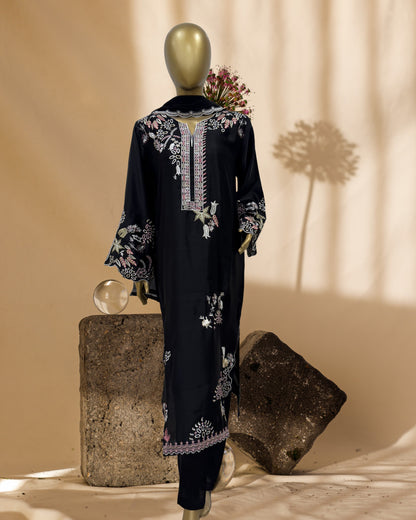 3 Piece Luxury Russian Silk  Embroidered Neck, Sleeves & Cutwork Border with Dupatta  |RC 24-41