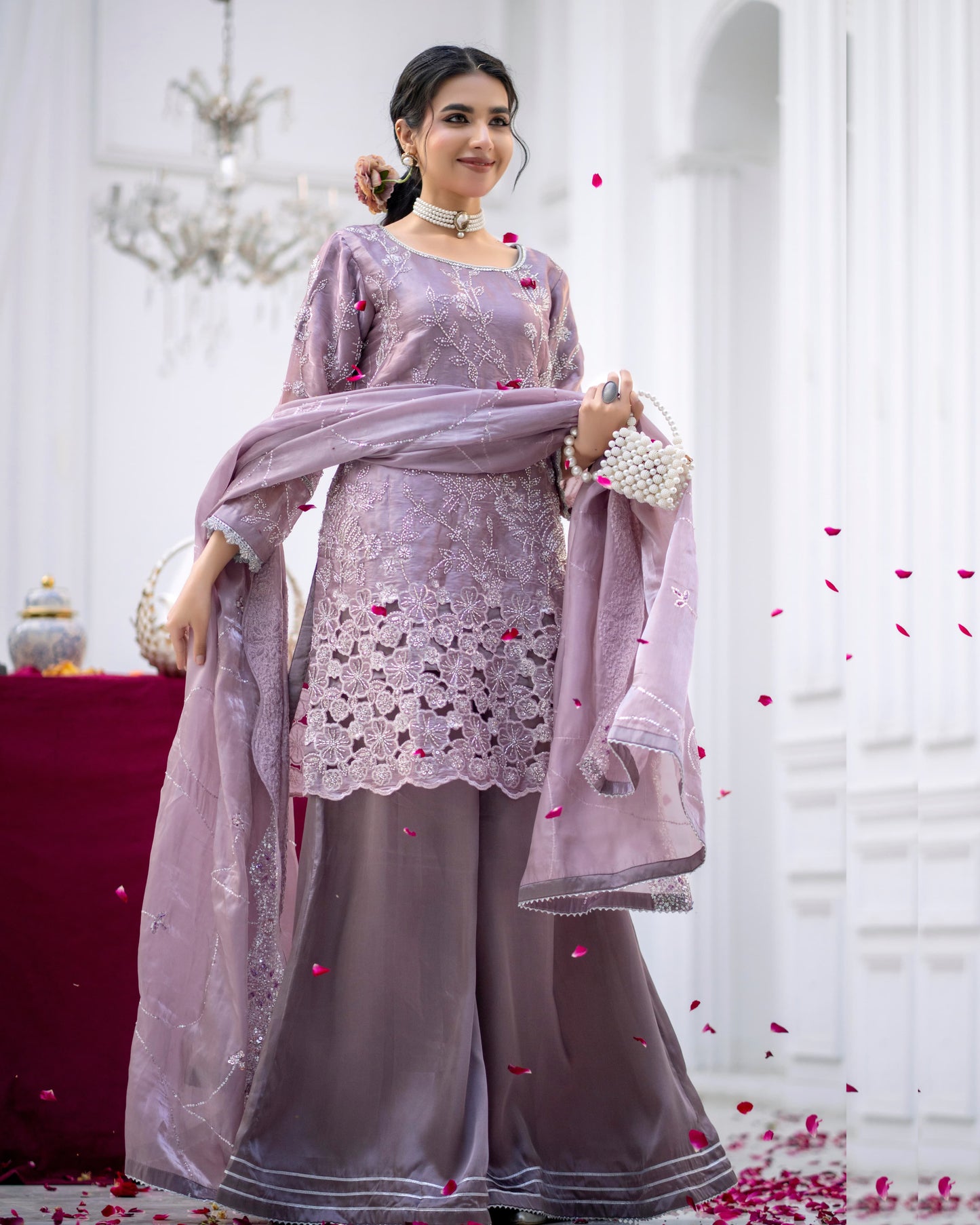 3 Piece Sheesha Silk Dress with Cutdana Embroidery & Cut Work Daman |RC 24-33