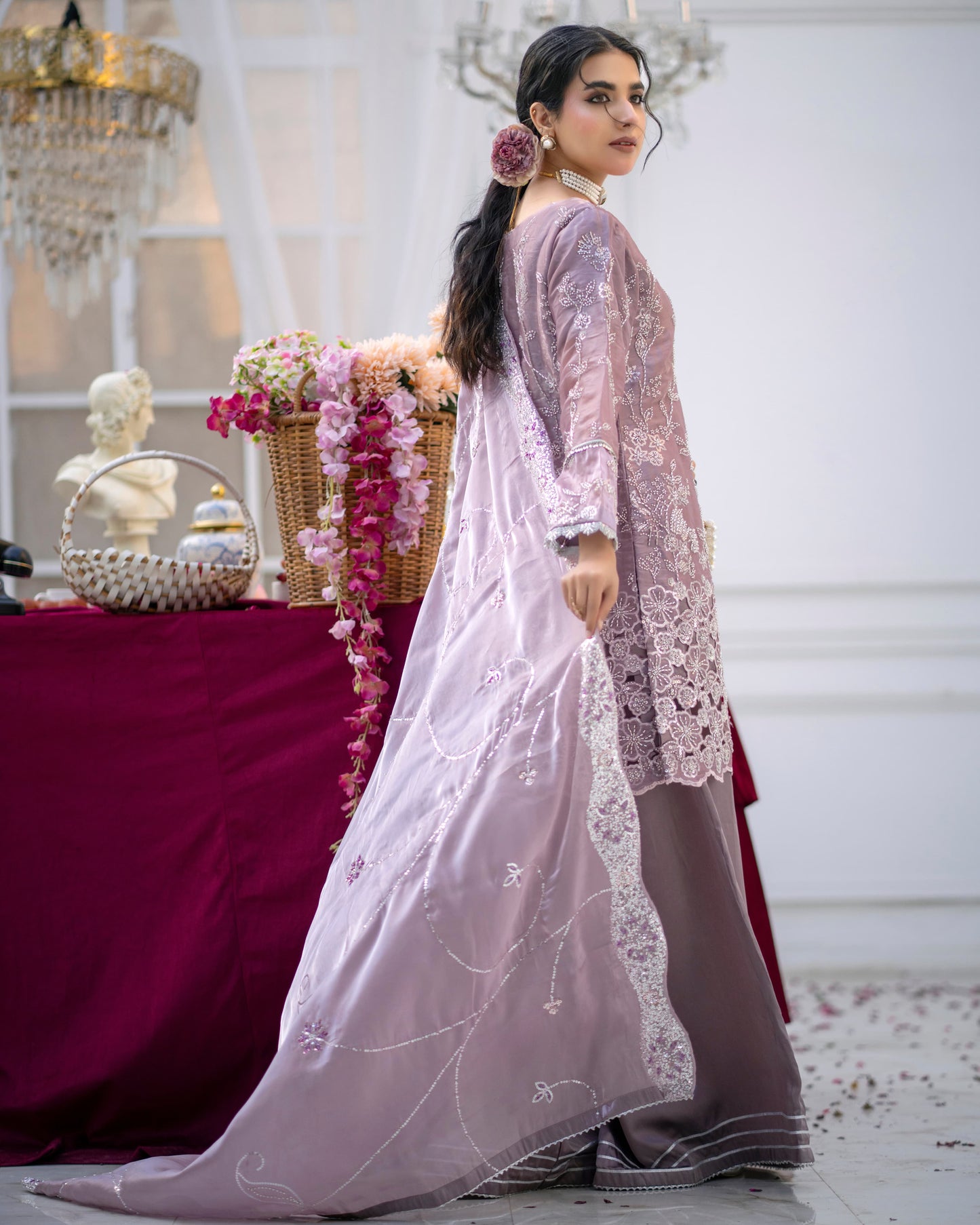 3 Piece Sheesha Silk Dress with Cutdana Embroidery & Cut Work Daman |RC 24-33