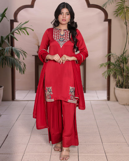 3 Piece Shamose Silk Farshi Shalwar Suit with Handwork Embroidery & Crepe Silk Dupatta  |RC 24-50