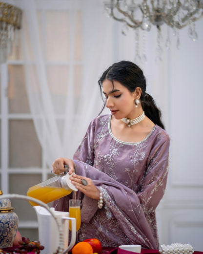 3 Piece Sheesha Silk Dress with Cutdana Embroidery & Cut Work Daman |RC 24-33