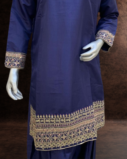3 Piece Kattan Silk Farshi Shalwar Suit with Embroidered Borders & Organza Dupatta |RC 24-56