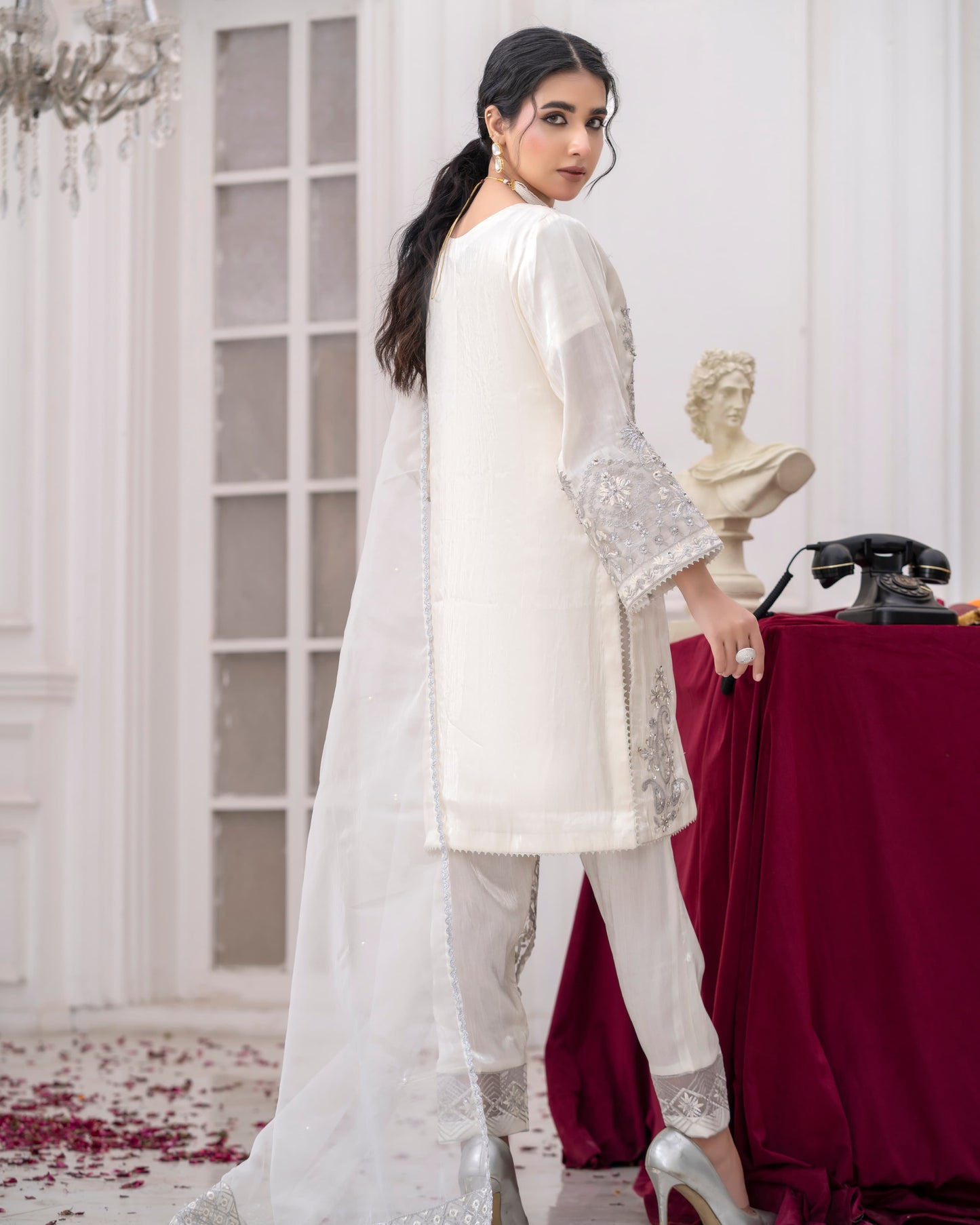3 Piece Sheesha Silk Dress with Cutdana Embroidery & Cut Work Daman |RC 24-34