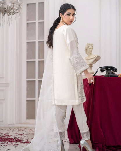 3 Piece Sheesha Silk Dress with Cutdana Embroidery & Cut Work Daman |RC 24-34