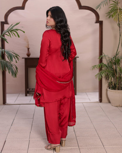 3 Piece Shamose Silk Farshi Shalwar Suit with Handwork Embroidery & Crepe Silk Dupatta  |RC 24-50