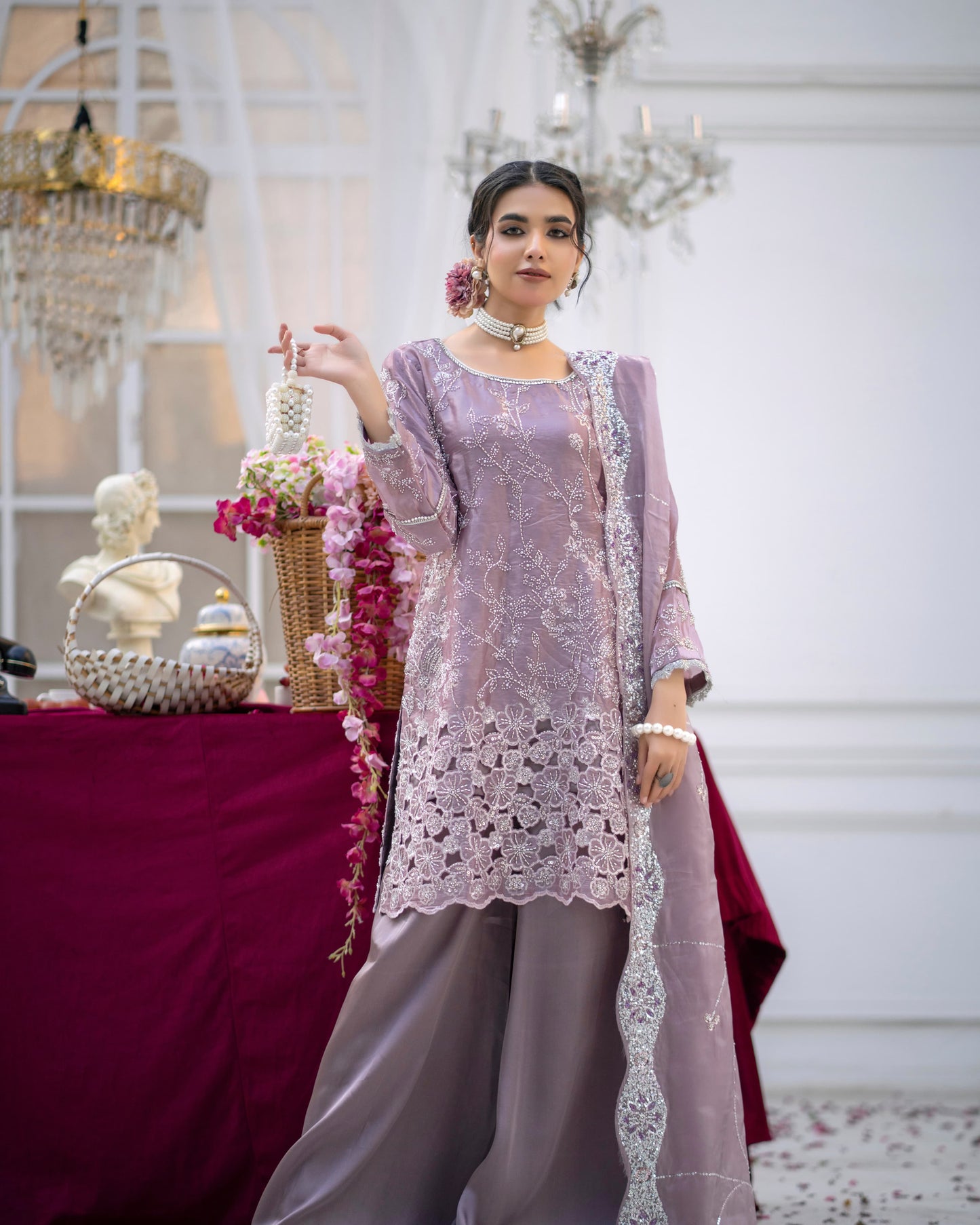 3 Piece Sheesha Silk Dress with Cutdana Embroidery & Cut Work Daman |RC 24-33