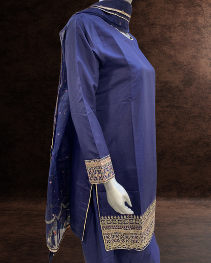 3 Piece Kattan Silk Farshi Shalwar Suit with Embroidered Borders & Organza Dupatta |RC 24-56