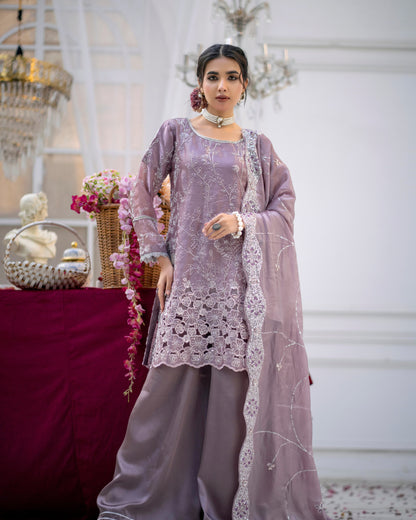 3 Piece Sheesha Silk Dress with Cutdana Embroidery & Cut Work Daman |RC 24-33