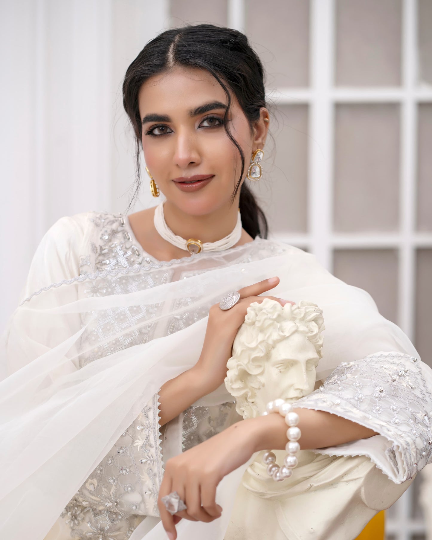 3 Piece Sheesha Silk Dress with Cutdana Embroidery & Cut Work Daman |RC 24-34