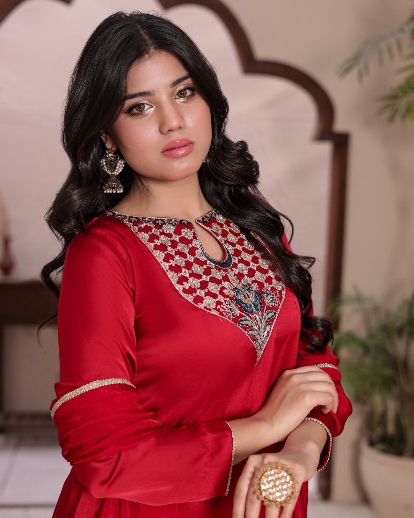 3 Piece Shamose Silk Farshi Shalwar Suit with Handwork Embroidery & Crepe Silk Dupatta  |RC 24-50