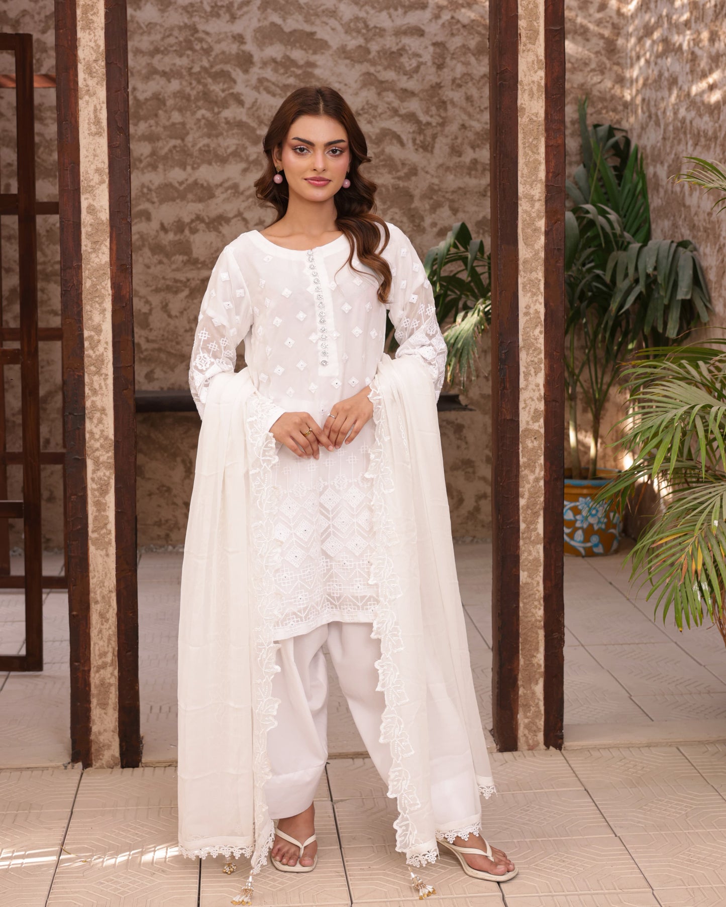 3 Piece Embroidered Farshi Shalwar Suit with Mirror Work & Chiffon Embroidered Dupatta  |RC 24-48