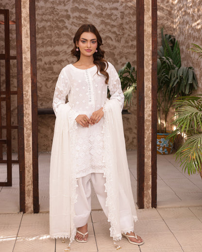 3 Piece Embroidered Farshi Shalwar Suit with Mirror Work & Chiffon Embroidered Dupatta  |RC 24-48