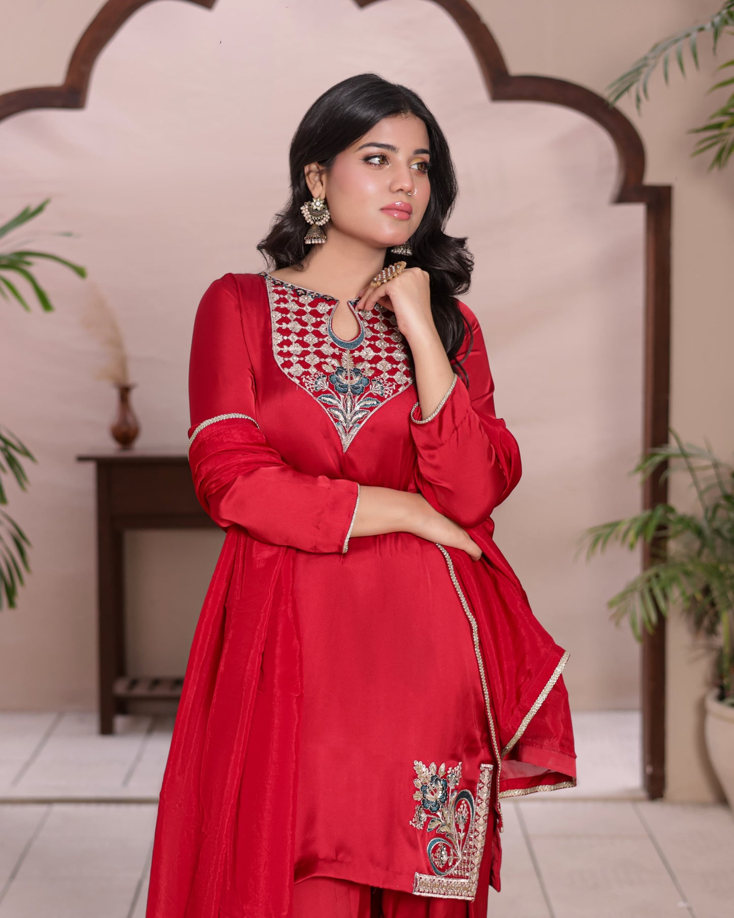 3 Piece Shamose Silk Farshi Shalwar Suit with Handwork Embroidery & Crepe Silk Dupatta  |RC 24-50