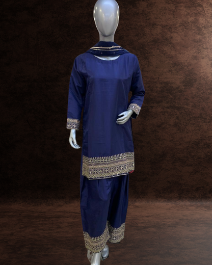 3 Piece Kattan Silk Farshi Shalwar Suit with Embroidered Borders & Organza Dupatta |RC 24-56